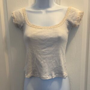 Brandy Melville Cream Ribbed Lace-Trim Scoop Neck Women's Top